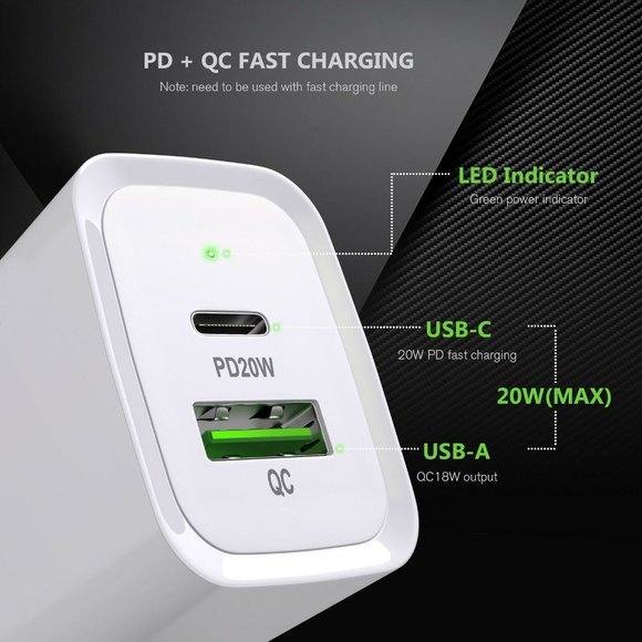 Esoulk White 20W Fast Charger Dual USB C Wall Charger iPhone13/12/X/Galaxy/Note - Picture 3 of 6